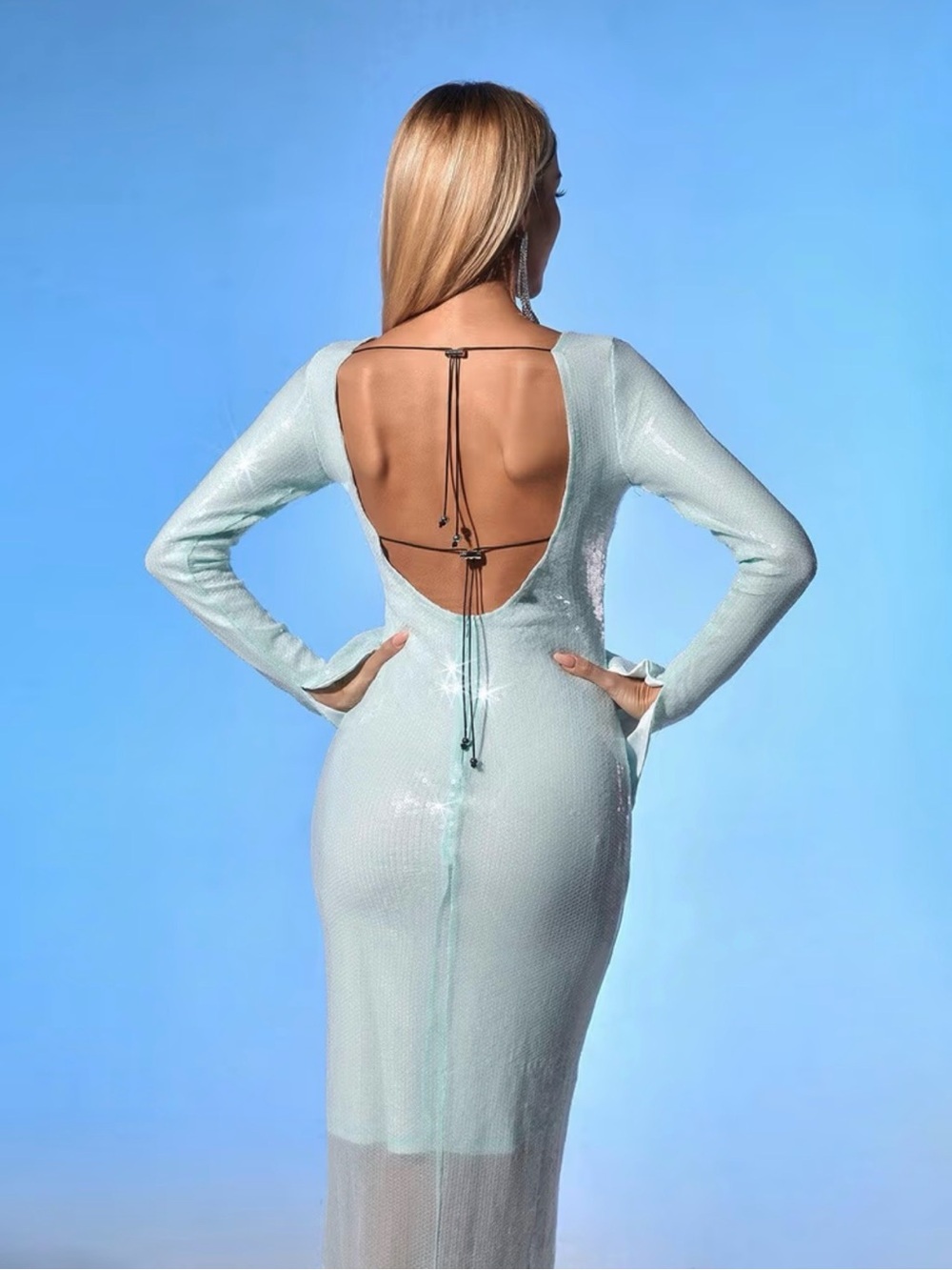 NWT Mew Mews Teal Mint Sian Long Sleeve Sequin Backless Maxi Dress Womens XS - Picture 6 of 6